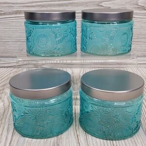 4 Kate Aspen Garden Blooms Glass Votive Jar Candle Holder Blue Turquoise Wedding